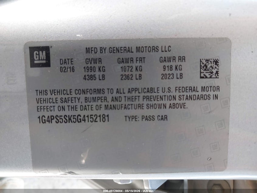 2016 Buick Verano Leather Group VIN: 1G4PS5SK5G4152181 Lot: 45128004