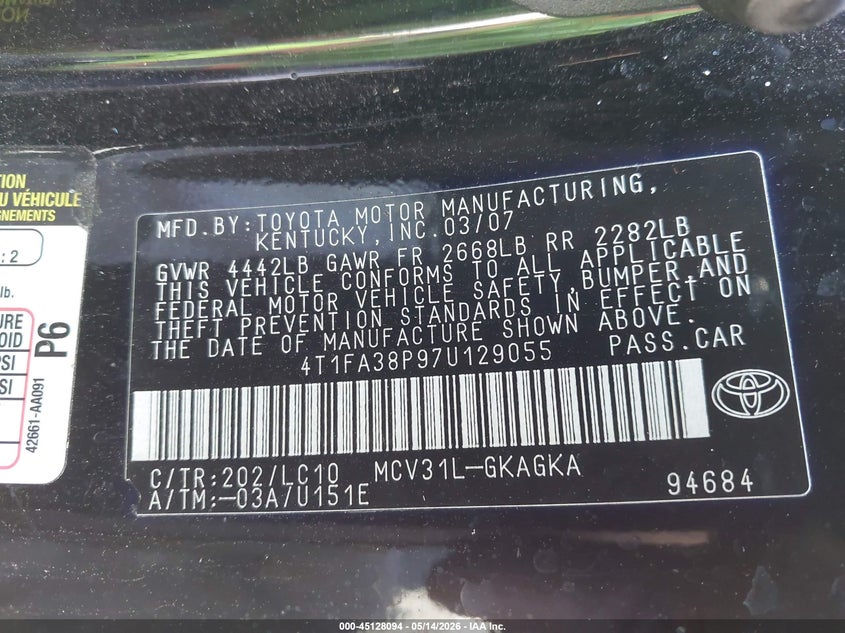2007 Toyota Camry Solara Sle VIN: 4T1FA38P97U129055 Lot: 45128094