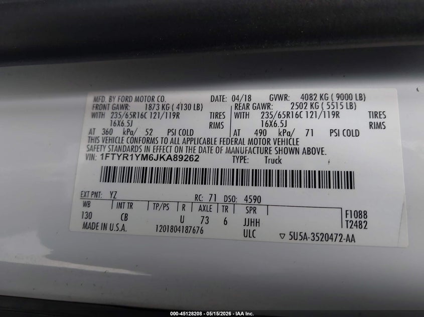 VIN 1FTYR1YM6JKA89262 2018 FORD TRANSIT-250