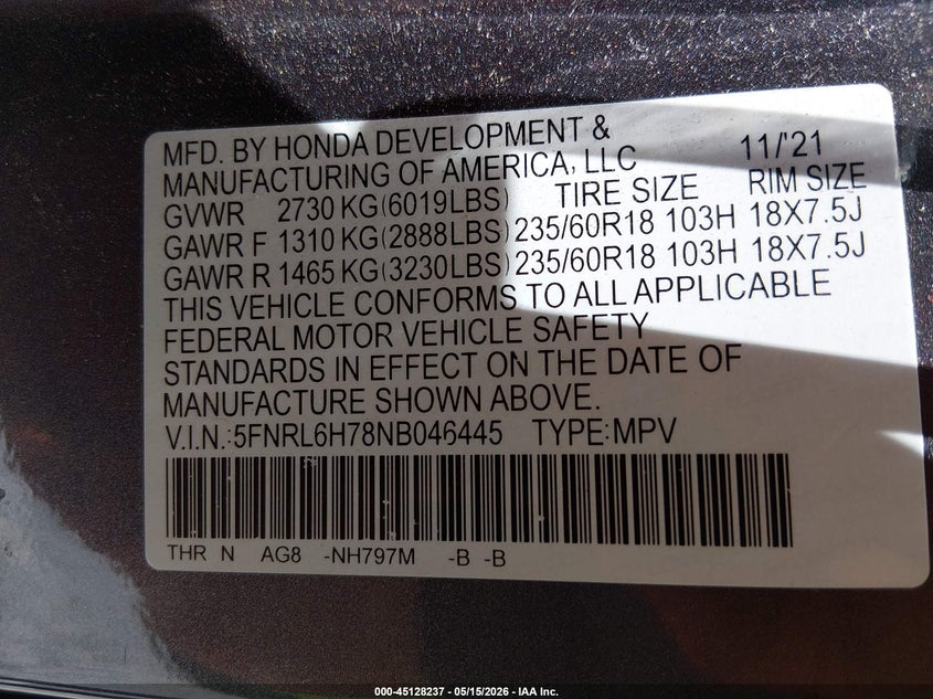 2022 Honda Odyssey Ex-L VIN: 5FNRL6H78NB046445 Lot: 45128237