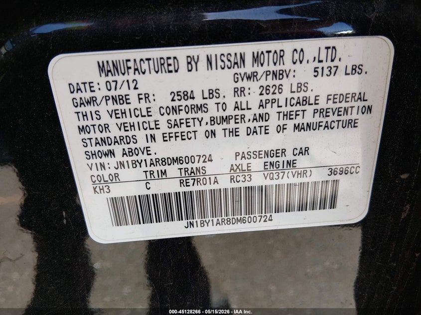 2013 Infiniti M37X VIN: JN1BY1AR8DM600724 Lot: 45128266