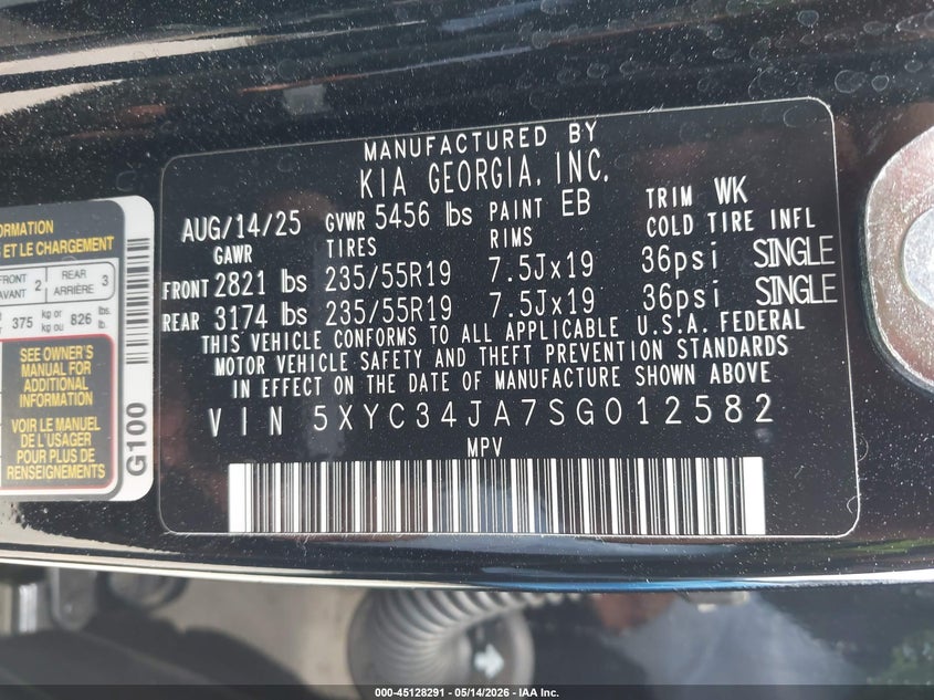 2025 Kia Ev6 Wind Rwd VIN: 5XYC34JA7SG012582 Lot: 45128291
