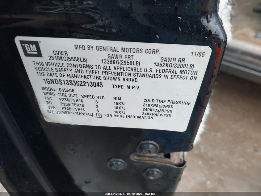 2006 Chevrolet Trailblazer Ls VIN: 1GNDS13S362213043 Lot: 45128375