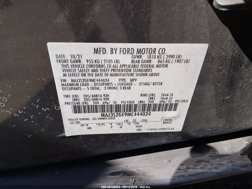 VIN MAJ3S2GE9MC444024 2021 FORD ECOSPORT SE