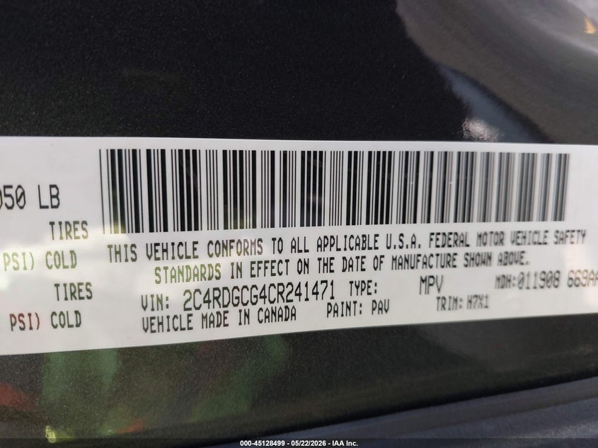 2012 Dodge Caravan 3.6 Grand Sxt grey Lot 111045128499 Vin 2C4RDGCG4CR241471