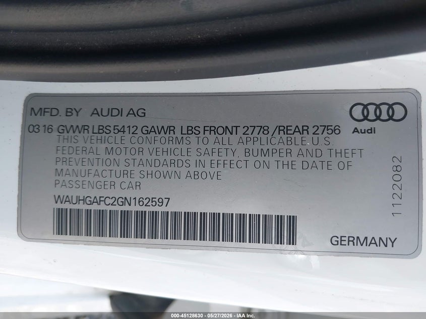 2016 Audi A6 3.0T Premium Plus VIN: WAUHGAFC2GN162597 Lot: 45128630