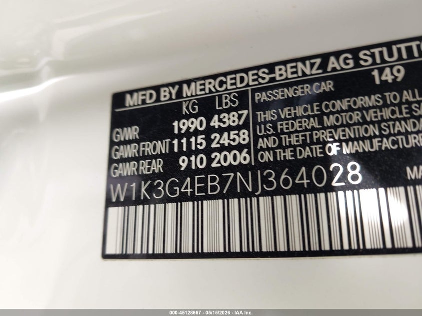 2022 Mercedes-Benz A 220 VIN: W1K3G4EB7NJ364028 Lot: 45128667