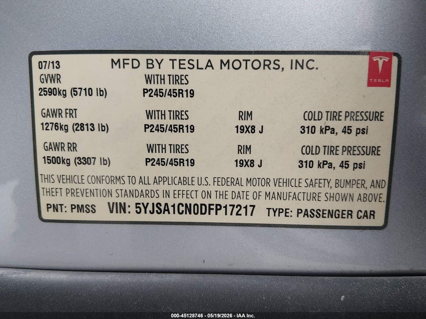 2013 Tesla Model S VIN: 5YJSA1CN0DFP17217 Lot: 45128746
