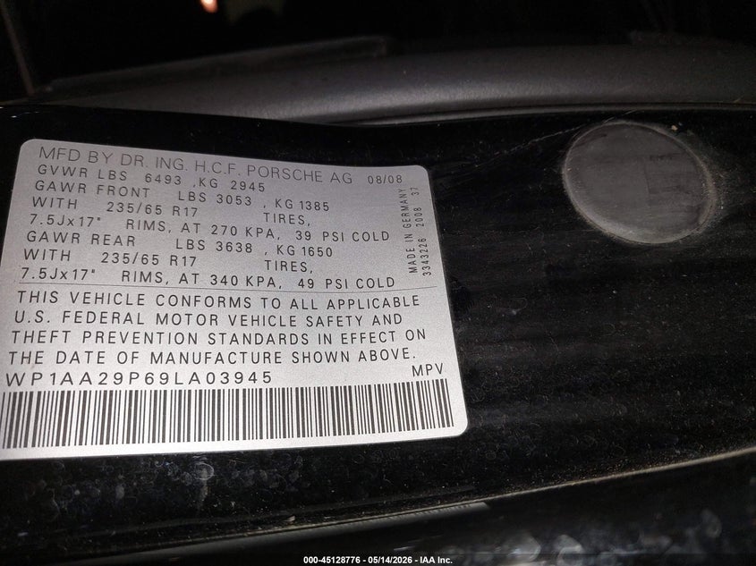 2009 Porsche Cayenne VIN: WP1AA29P69LA03945 Lot: 45128776