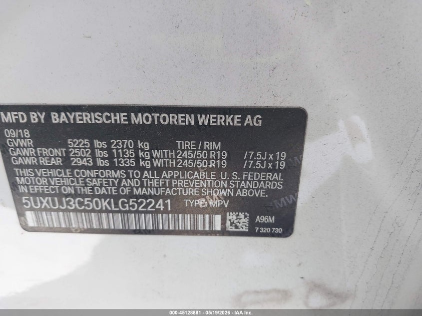 2019 BMW X4 xDrive30I VIN: 5UXUJ3C50KLG52241 Lot: 45128881