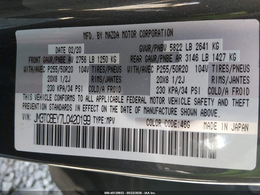 VIN: JM3TCBEY7L0420199 2020 MAZDA CX-9 SIGNATURE