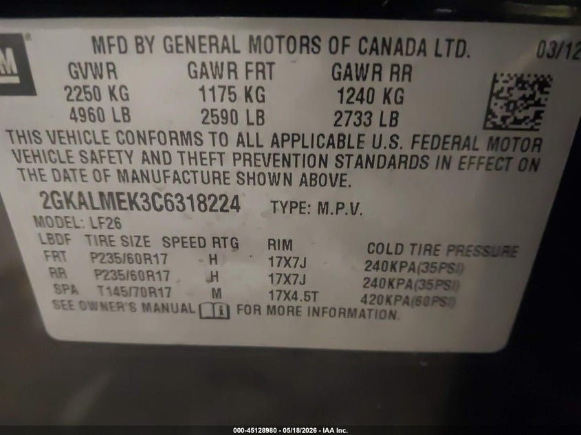 2012 Gmc Terrain 2.4 Sle-1 black Lot 111045128980 Vin 2GKALMEK3C6318224