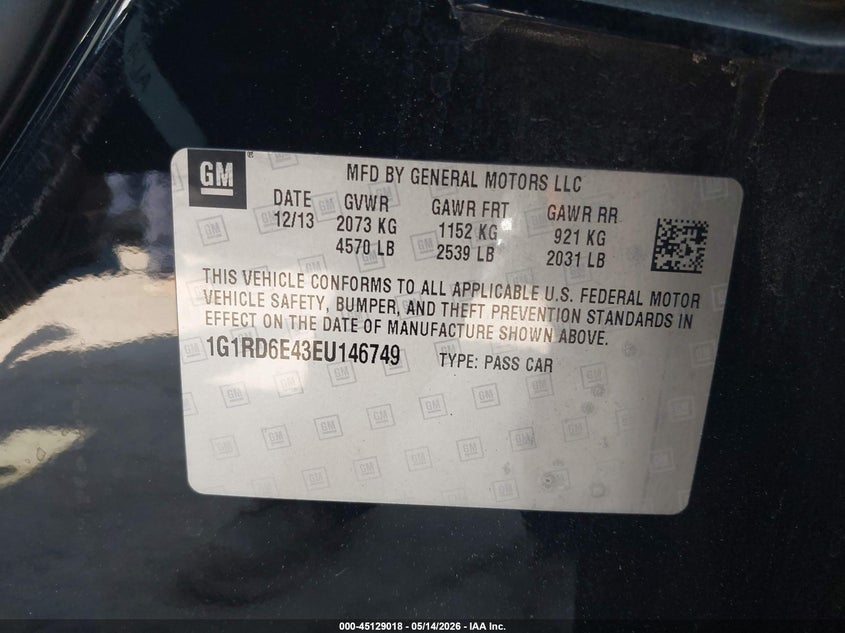 2014 Chevrolet Volt VIN: 1G1RD6E43EU146749 Lot: 45129018