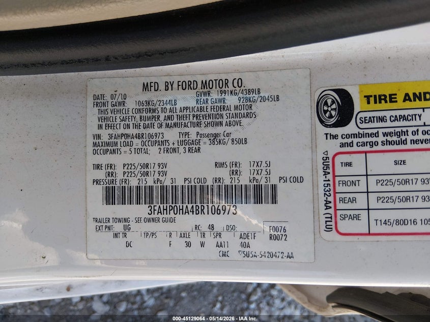 2011 FORD FUSION SEDAN 2.5L I-4 DOHC, VVT, 175HP