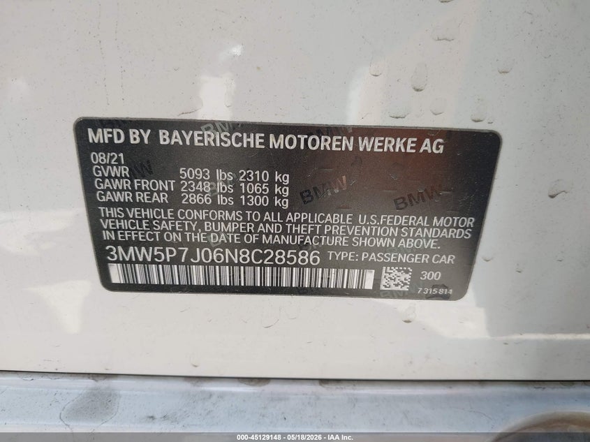 VIN 3MW5P7J06N8C28586 2022 BMW 330E