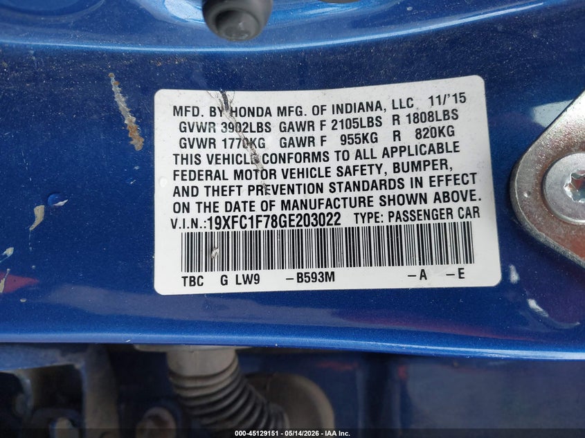 2016 HONDA CIVIC SEDAN 1.5L I-4 DI, DOHC, VVT, TURBO, 174HP