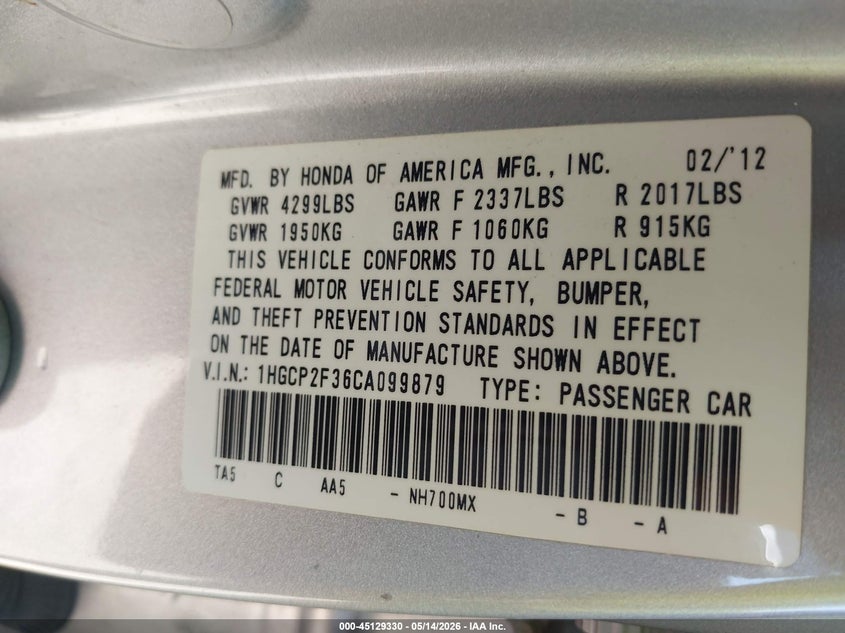 2012 Honda Accord 2.4 2.4 Lx silver Lot 111045129330 Vin 1HGCP2F36CA099879