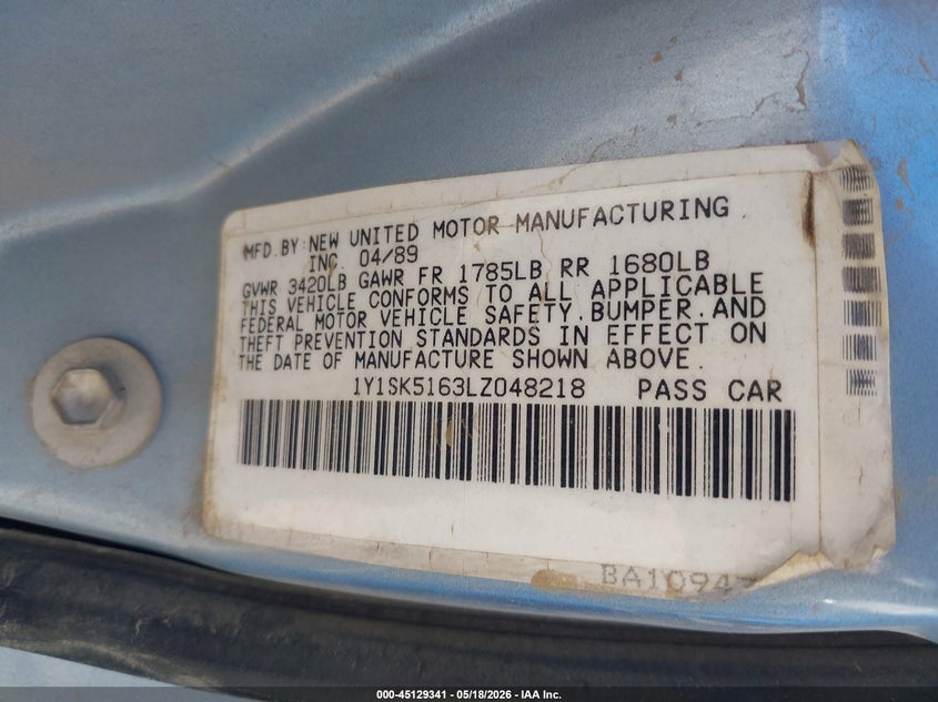 1990 Geo Prizm Lsi VIN: 1Y1SK5163LZ048218 Lot: 45129341