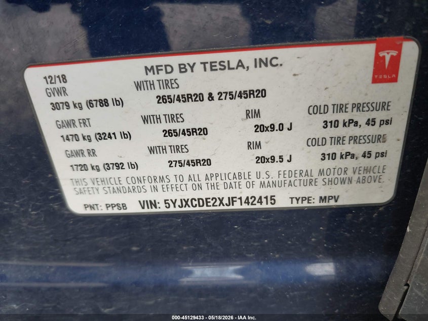 2018 Tesla Model X 100D/75D/P100D VIN: 5YJXCDE2XJF142415 Lot: 45129433
