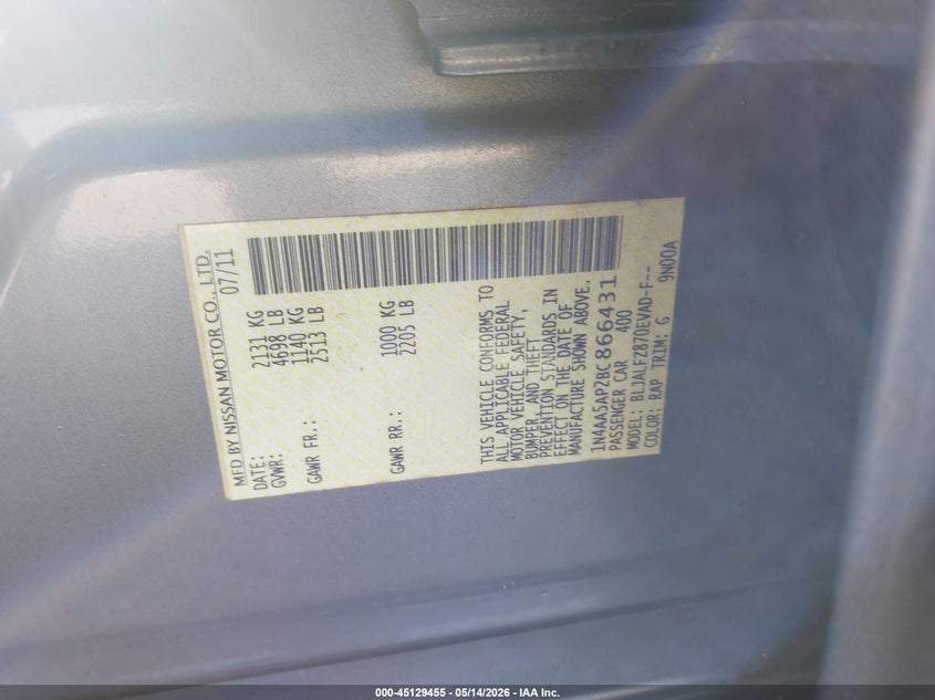 1N4AA5AP2BC866431 2011 Nissan Maxima 3.5 3.5 Sv grey