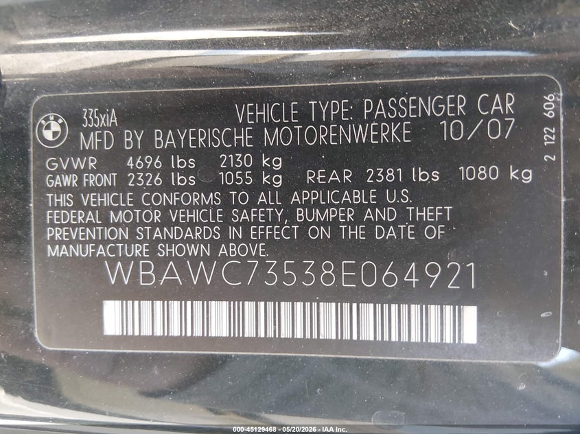 2008 BMW 335Xi VIN: WBAWC73538E064921 Lot: 45129468