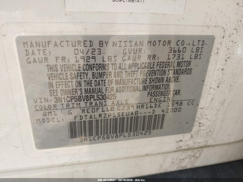 VIN 3N1CP5BV8PL530425 2023 NISSAN KICKS S XTRONIC CVT