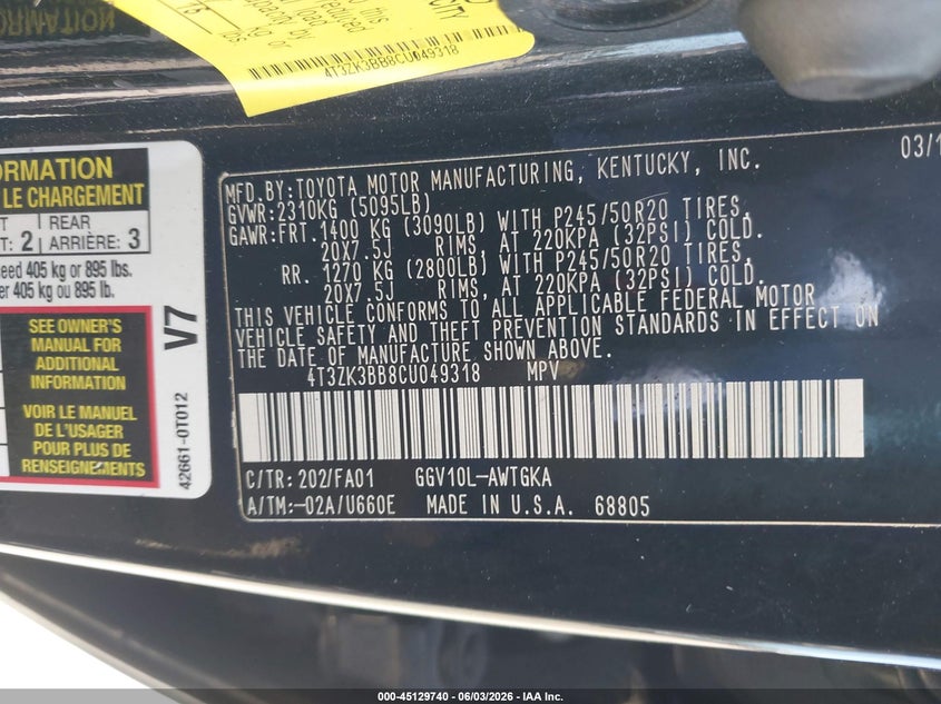 2012 Toyota Venza Le V6 VIN: 4T3ZK3BB8CU049318 Lot: 45129740