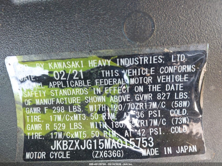 2021 Kawasaki Zx636 K VIN: JKBZXJG15MA015753 Lot: 45129788