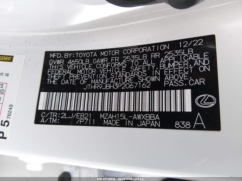 2023 Lexus Ux 250H F Sport Handling VIN: JTHR9JBH3P2067162 Lot: 45129929