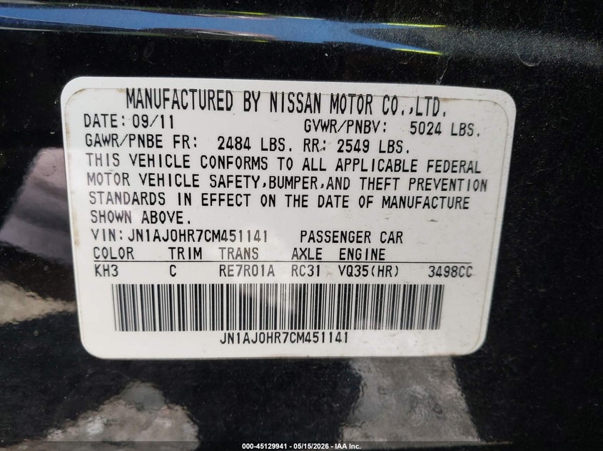 2012 Infiniti Ex35 Journey VIN: JN1AJ0HR7CM451141 Lot: 45129941