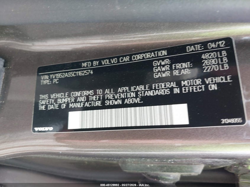2012 Volvo S80 3.2 Premier Plus VIN: YV1952AS5C1162574 Lot: 45129992