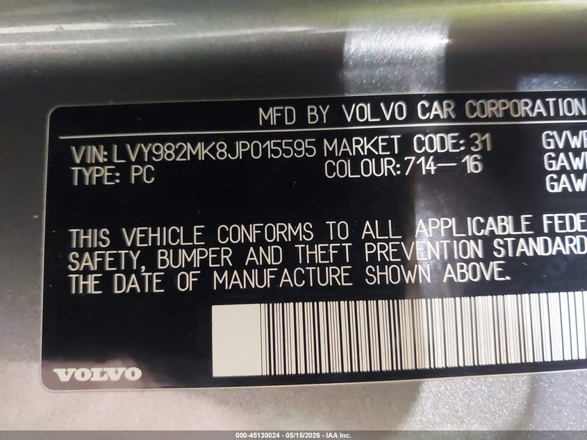 2018 Volvo S90 T5 Momentum VIN: LVY982MK8JP015595 Lot: 45130024