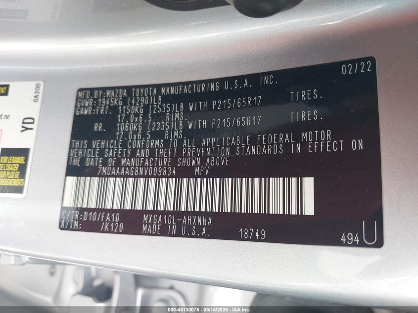 2022 Toyota Corolla Cross L VIN: 7MUAAAAG8NV009834 Lot: 45130075