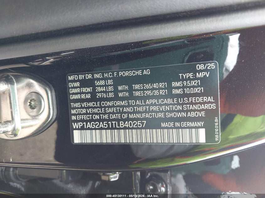 2026 Porsche Macan S VIN: WP1AG2A51TLB40257 Lot: 45130111