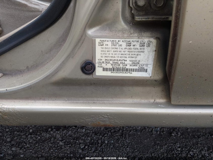 2003 Nissan Sentra Gxe VIN: 3N1CB51D43L812966 Lot: 45130209