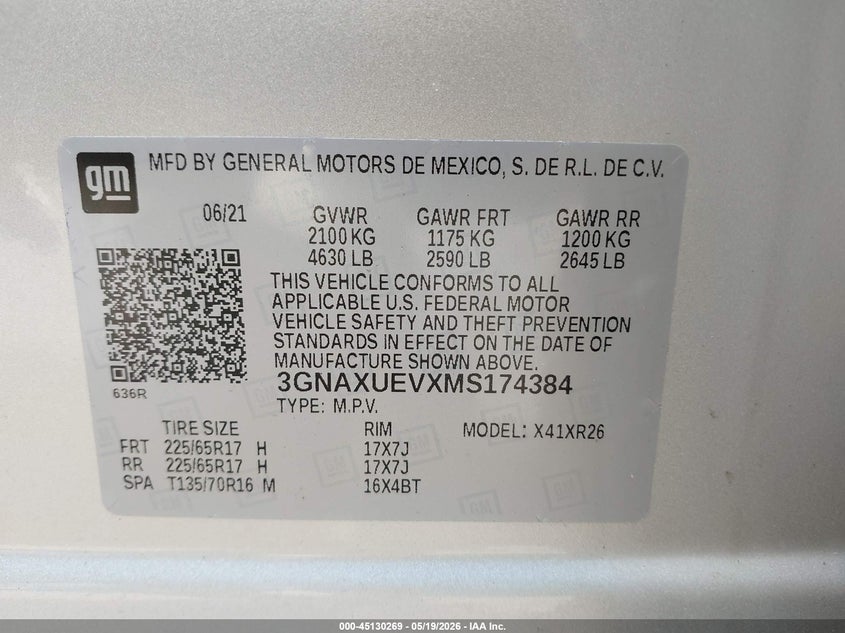 VIN 3GNAXUEVXMS174384 2021 CHEVROLET EQUINOX AWD LT