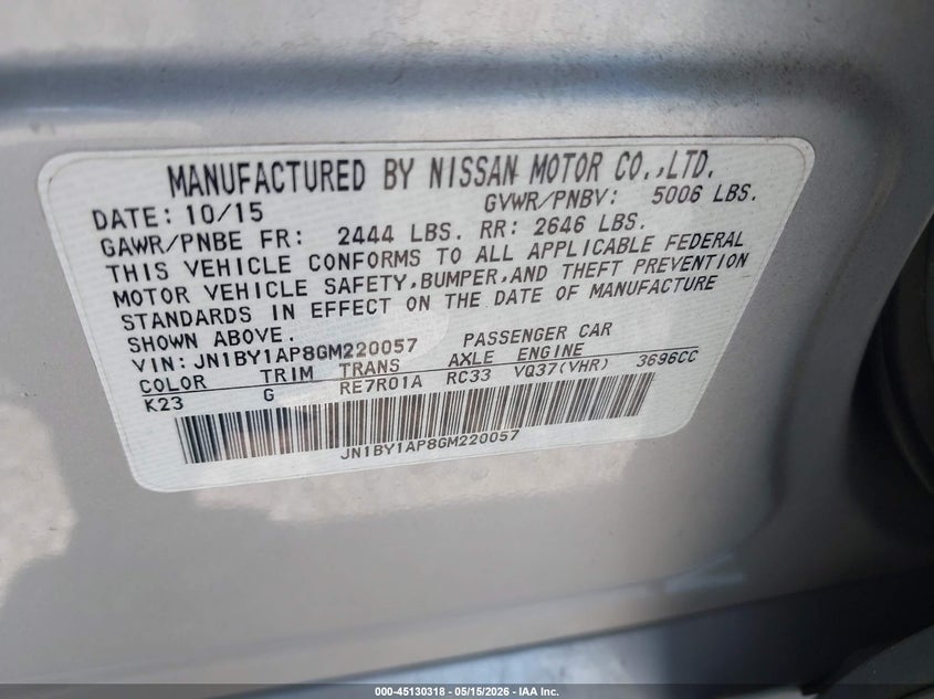 2016 Infiniti Q70 3.7 VIN: JN1BY1AP8GM220057 Lot: 45130318
