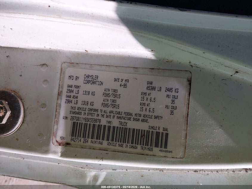 1995 Dodge Ram Van B1500 VIN: 2B7GB11Y6SK559878 Lot: 45130375