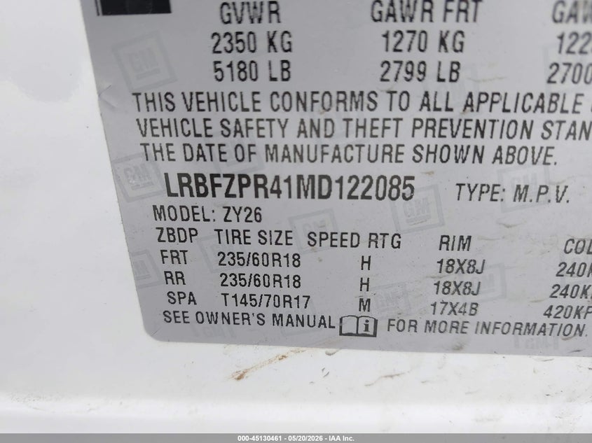 2021 Buick Envision Awd Essence VIN: LRBFZPR41MD122085 Lot: 45130461
