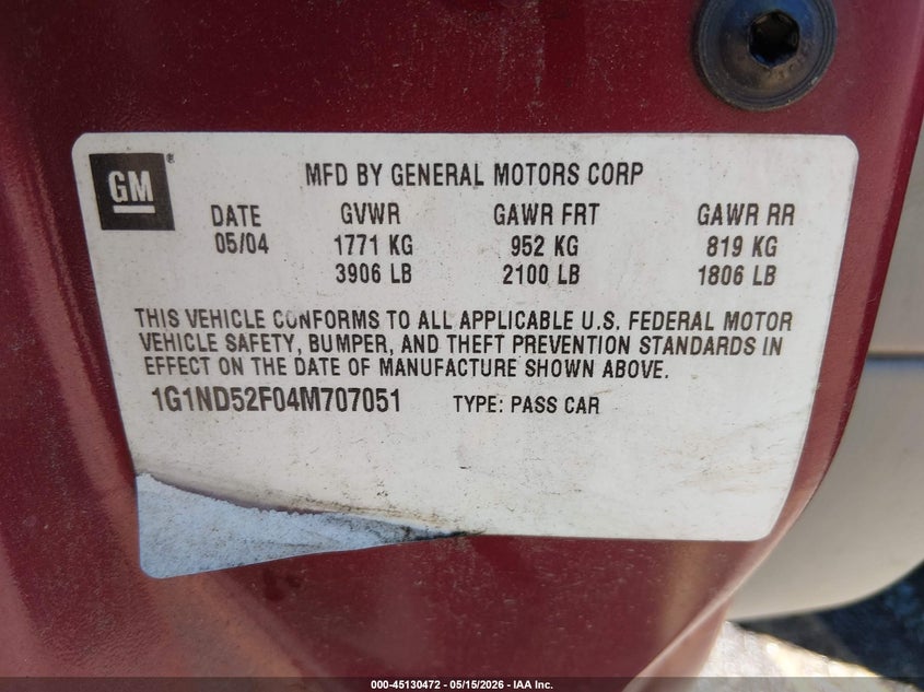 2004 Chevrolet Classic VIN: 1G1ND52F04M707051 Lot: 45130472