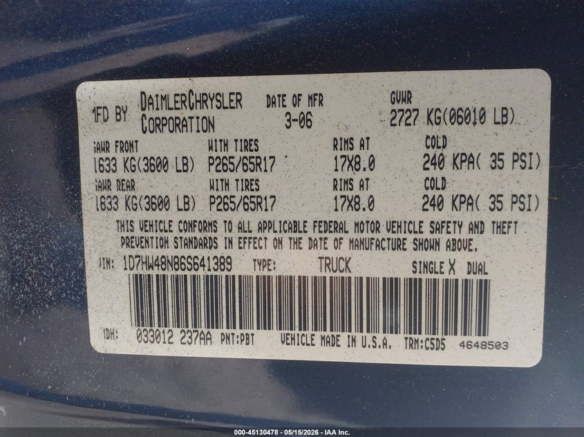 2006 Dodge Dakota Quad Slt VIN: 1D7HW48N86S641389 Lot: 45130478