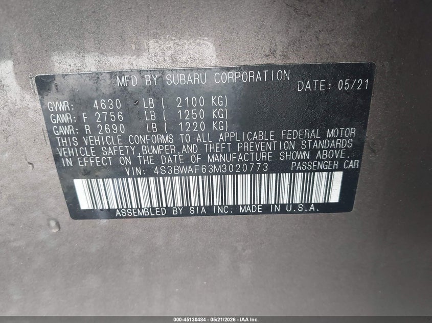 2021 Subaru Legacy Premium VIN: 4S3BWAF63M3020773 Lot: 45130484