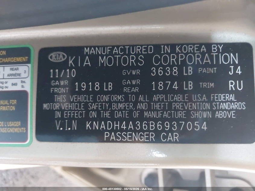 2011 Kia Rio 1.6 Lx Gold Lot 111045130502 Vin KNADH4A36B6937054