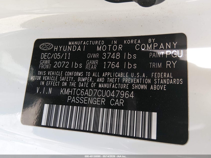 2012 Hyundai Veloster Base W/Gray VIN: KMHTC6AD7CU047964 Lot: 45130595