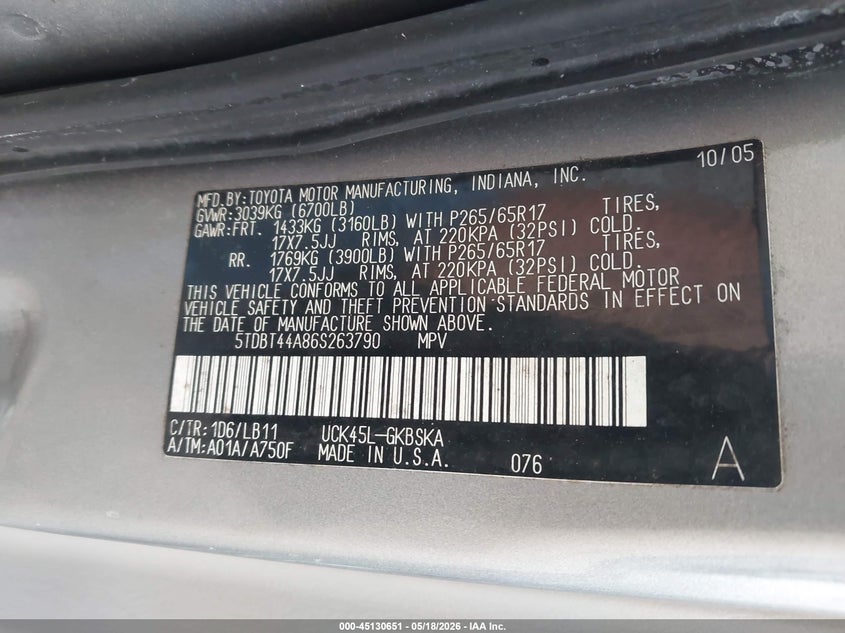 2006 Toyota Sequoia Sr5 V8 VIN: 5TDBT44A86S263790 Lot: 45130651