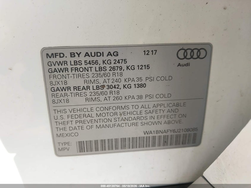 AUDI Q5 2018 VIN WA1BNAFY6J2108085