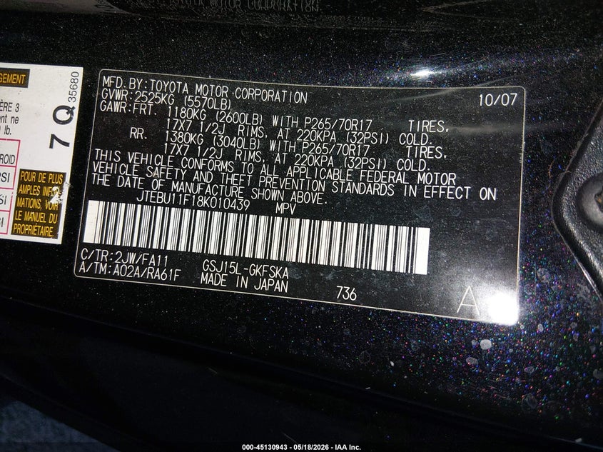 2008 Toyota Fj Cruiser VIN: JTEBU11F18K010439 Lot: 45130943