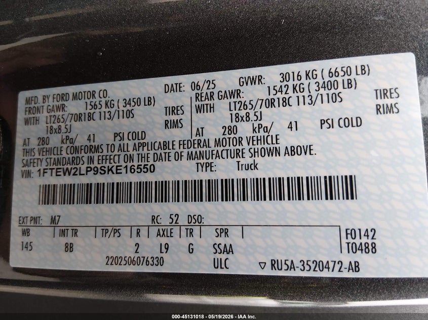 VIN 1FTEW2LP9SKE16550 2025 FORD F-150 STX