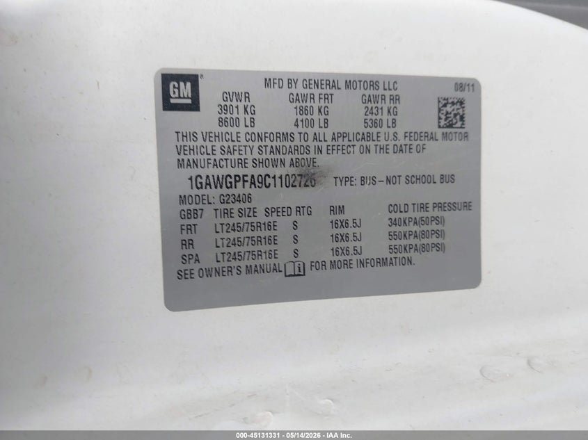 2012 Chevrolet Express 4.8 2500 Ls white Lot 111045131331 Vin 1GAWGPFA9C1102726