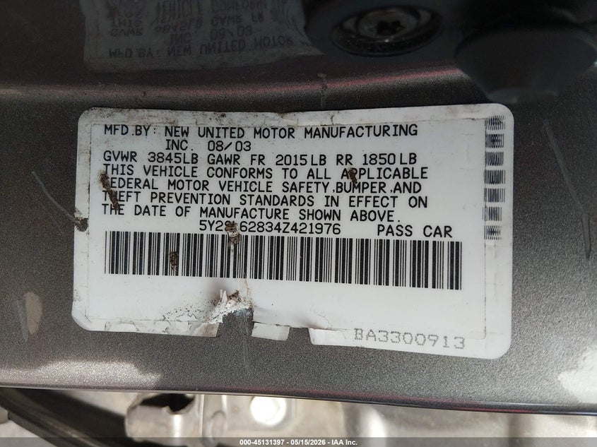 2004 Pontiac Vibe VIN: 5Y2SL62834Z421976 Lot: 45131397